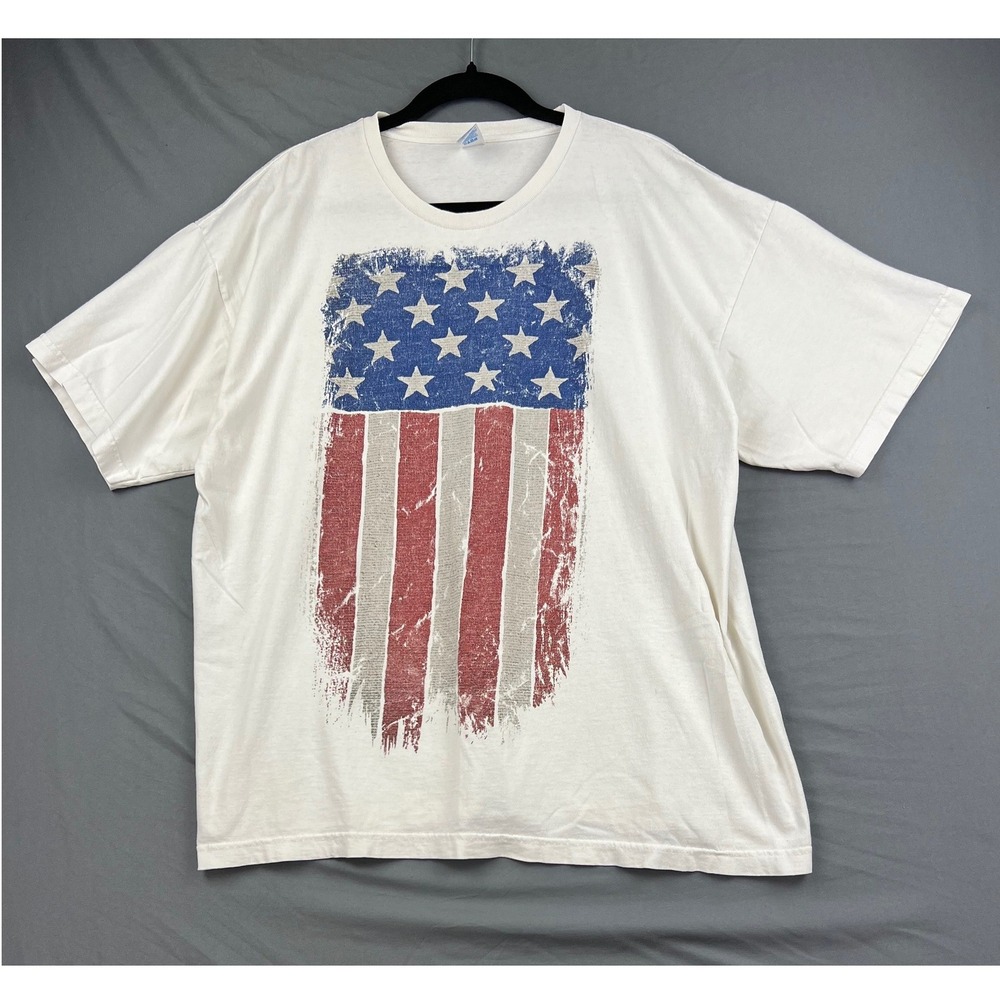 Made in USA T-Shirt Mens 2X American Flag Distressed Graphic White Cotton Good